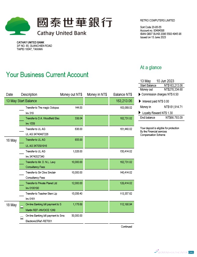 Download Cathay United Bank enterprise account statement Word and PDF template Photoshop template